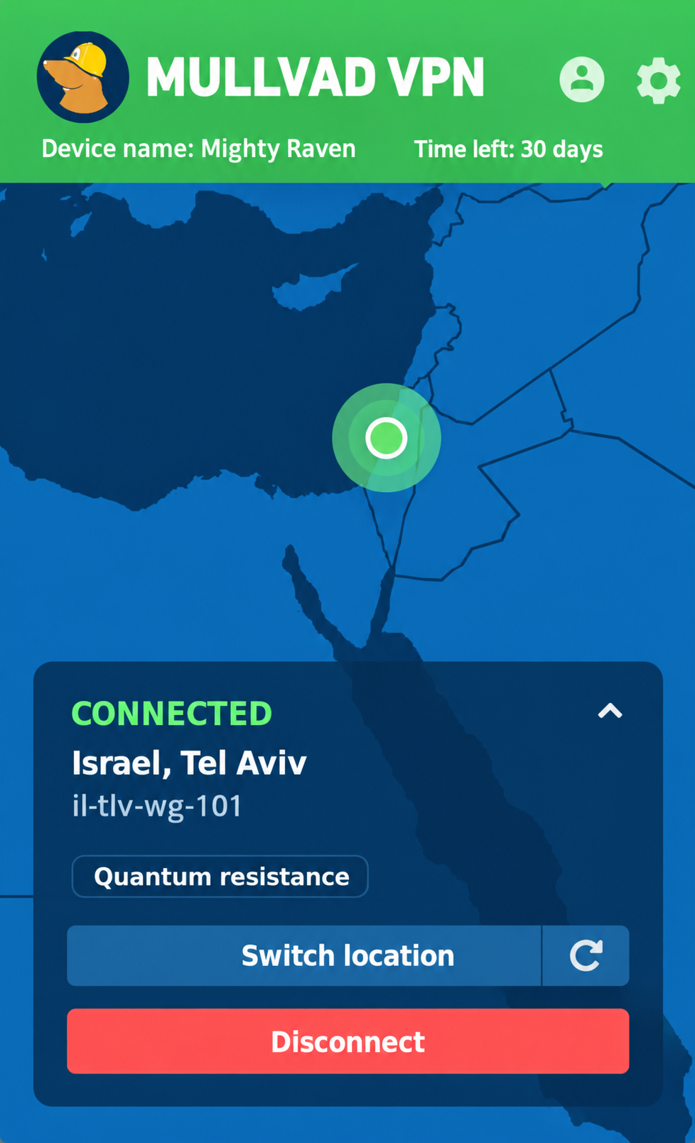 Mullvad VPN app screenshot showing a connected VPN session in Tel Aviv